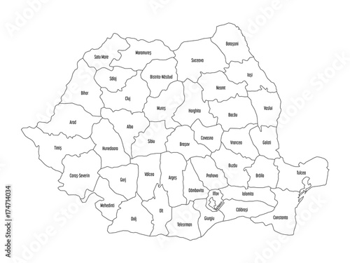 Administrative counties of Romania. Vector map of thin black outline on white background. photo