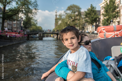 Photography Mom and son boat through Amsterdam