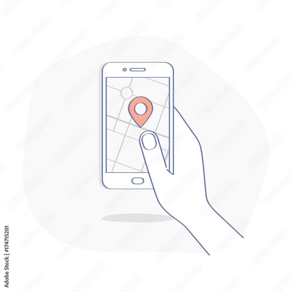 GPS navigation system app on mobile phone in human hand. Map and pin on the smartphone display. Tracking, geo-positioning GPS navigation system app on mobile phone in human hand. Map and pin on the smartphone display. Tracking, geo-positioning