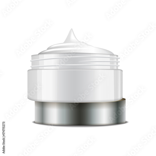 Round white plastic jar with silver cap for cosmetics. Open container. Vector mockup template