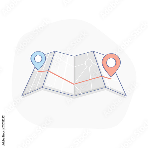 GPS, route, location icon. Map with geo two markers, road map. Flat outline symbol illustration