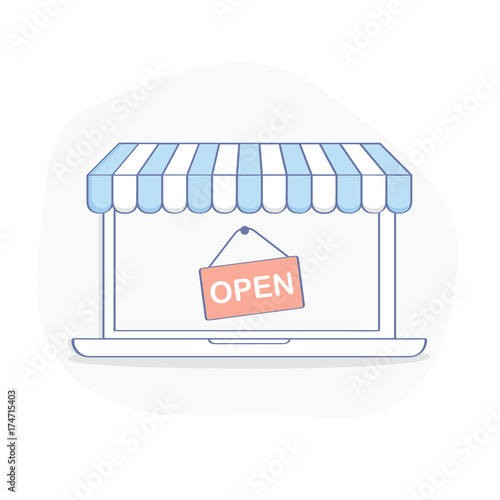 Open Online Shop, storefront on laptop display. Online shopping, E-commerce business, consumerism concept. Flat outline vector illustration in clean design style on white background.