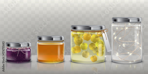 Set of glass jars with metal lids and tag on rope, filled with jam, honey, canned apples and glowing garland standing in row from smaller to larger vector illustration set on transparent background