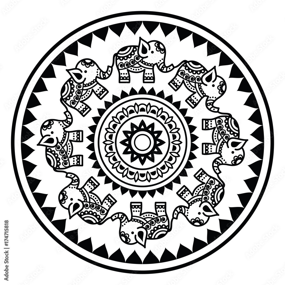 Indian mandala with elephants and abstract shapes, Mehndi - Indian Henna tattoo style vector pattern
