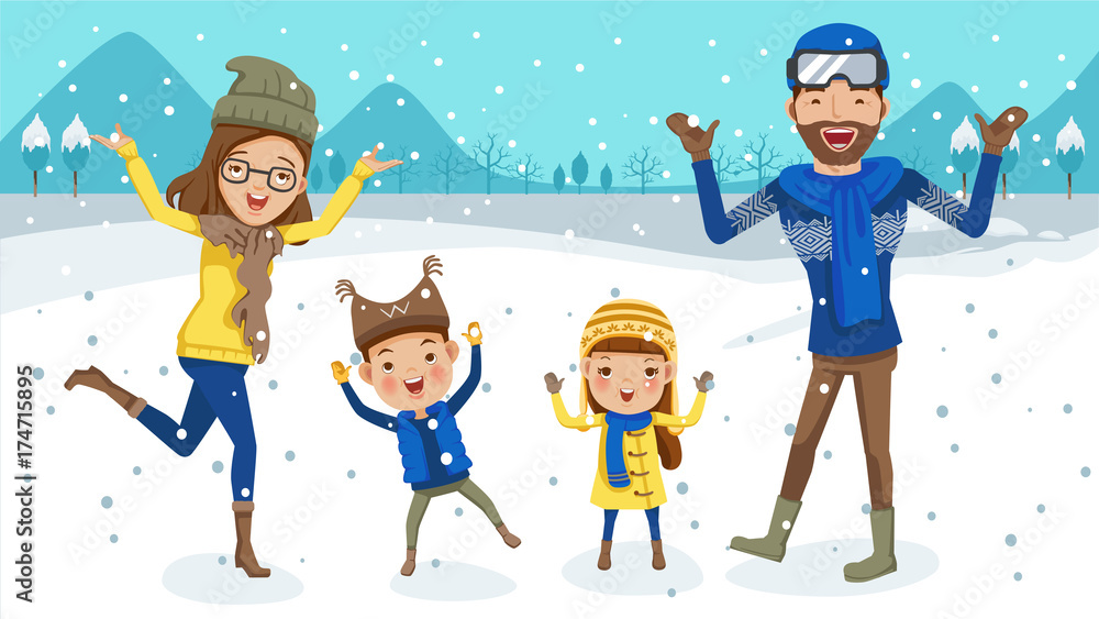 Fototapeta premium Family winter family snow Having Fun. father, mother, son, daughter.Jump, smile and chase snowflakes. Cartoon family cute. vector illustration