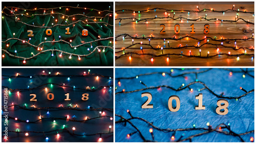 Set of wooden numbers forming the number 2018 and Christmas lights.