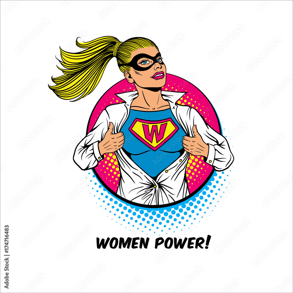 Women Power. Pop art sexy blonde woman in mask shows superhero t-shirt with  W sign