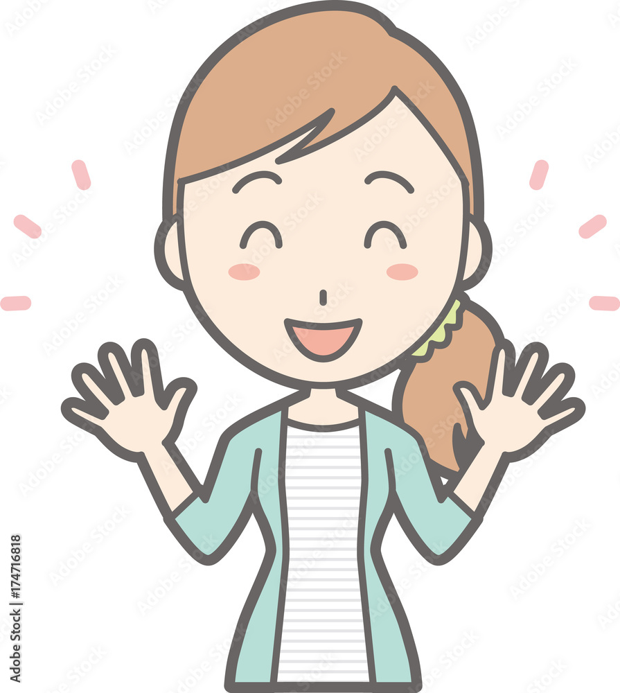 Illustration of a young woman in striped clothes opening her hand Illustration of a young woman in striped clothes opening her hand