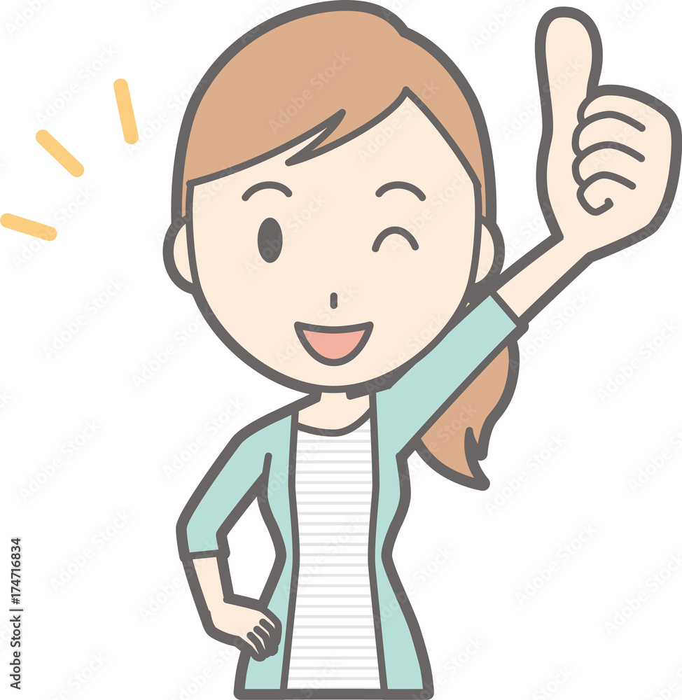 Illustration of a young woman in striped clothes standing her thumb Illustration of a young woman in striped clothes standing her thumb