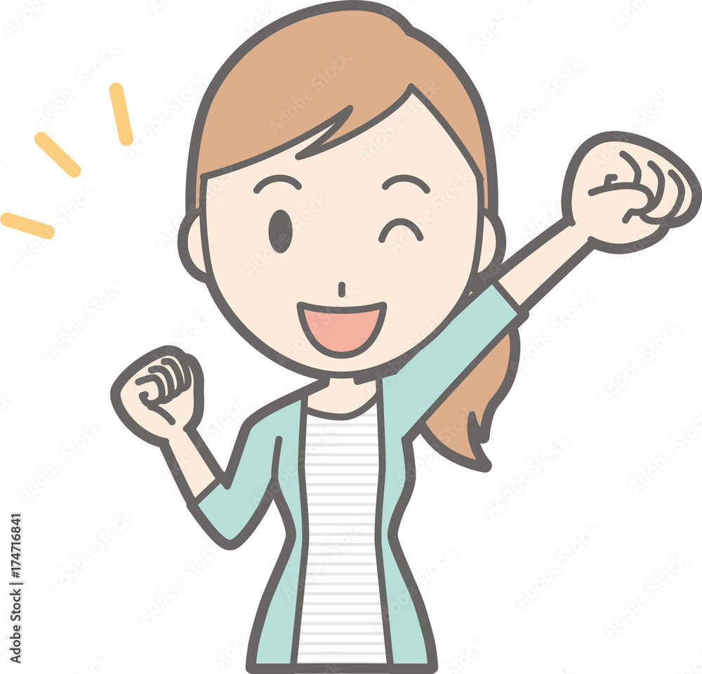 Illustration that a young woman in striped clothes is raising his fist Illustration that a young woman in striped clothes is raising his fist
