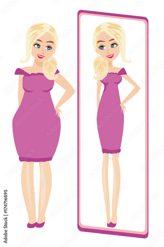 Full lady enjoys her slim reflection Full lady enjoys her slim reflection