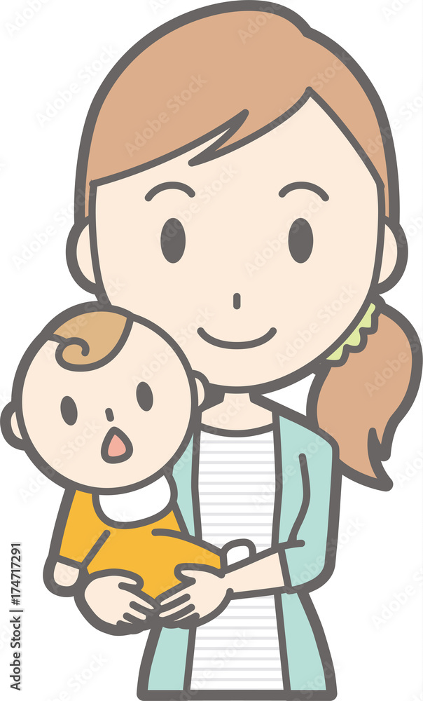 Illustration holding a baby by a young woman in striped clothes Illustration holding a baby by a young woman in striped clothes