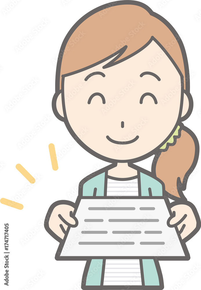 Illustration that a young woman in striped clothes presents a document Illustration that a young woman in striped clothes presents a document