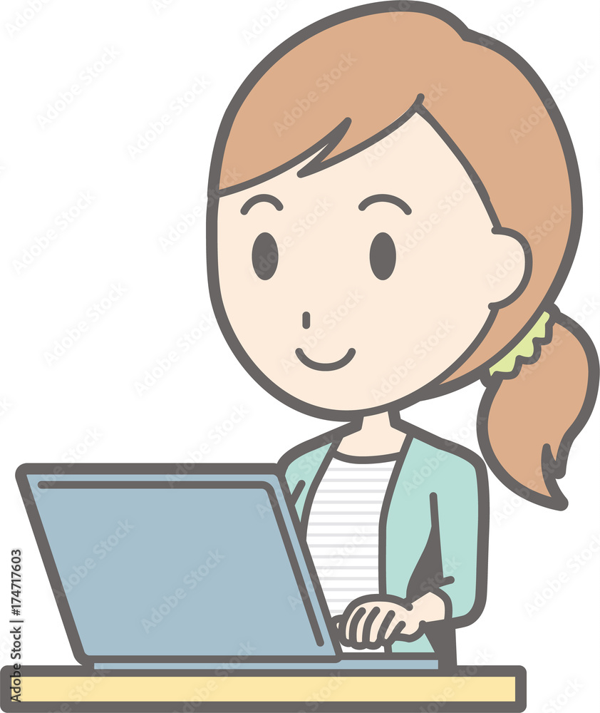 Illustration of a young lady wearing striped clothes operating a laptop computer Illustration of a young lady wearing striped clothes operating a laptop computer