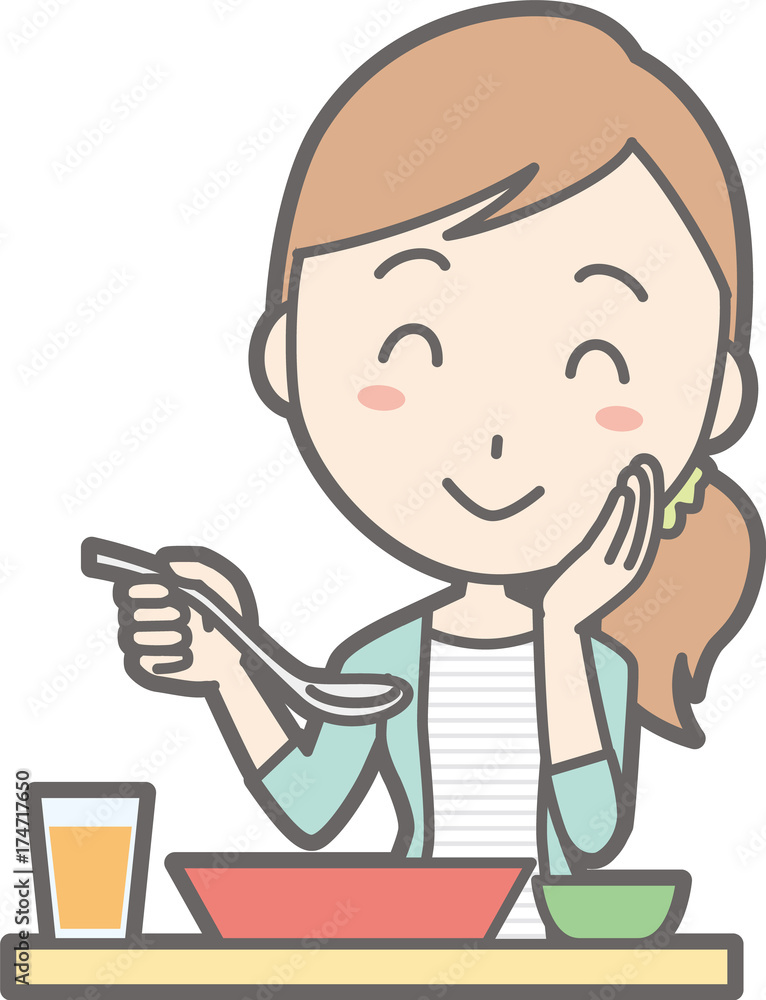 Illustration of a young woman in striped clothes eating Illustration of a young woman in striped clothes eating