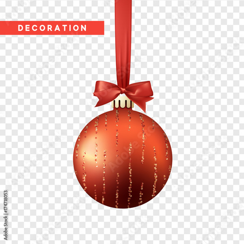 Xmas balls red color. Christmas bauble decoration elements. Object isolated a background with transparency effect