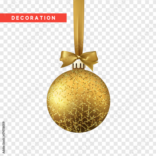 Xmas balls gold color. Christmas bauble decoration elements. Object isolated a background with transparency effect