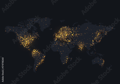 Night map of the world shine country and city.