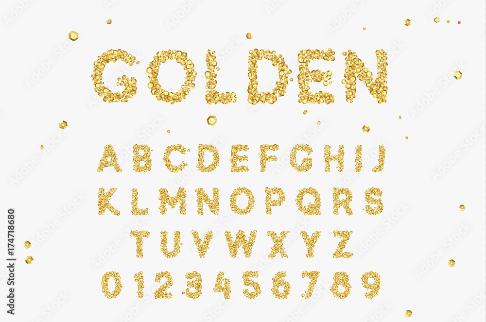 Gold Font set with letters from golden sequins. Stock Vector | Adobe Stock