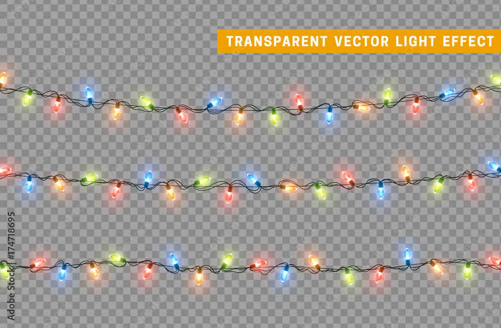 Christmas lights isolated realistic design elements. Glowing lights for Xmas Holiday greeting card design. Garlands decorations. Led neon lamp