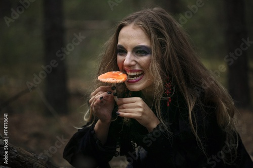 Halloween. amanita. beautiful girl in a black dress in the forest. photo