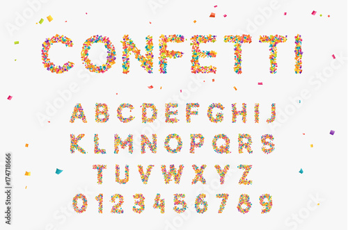 Font set with letters from multi-colored paper confetti.