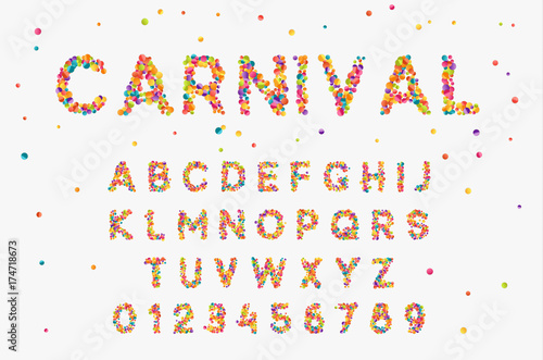 Font set with letters from multi-colored round confetti.