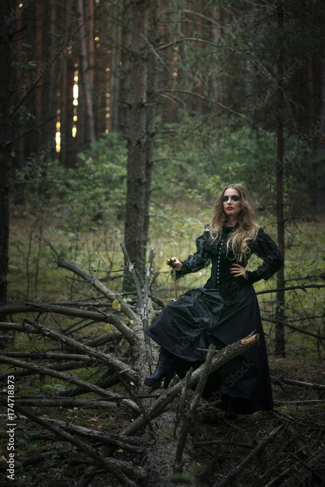 Halloween. beautiful girl in a black dress in the forest.