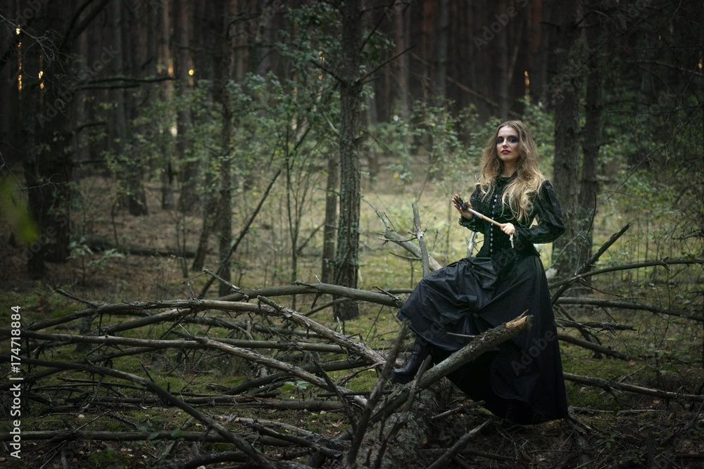 Halloween. beautiful girl in a black dress in the forest.