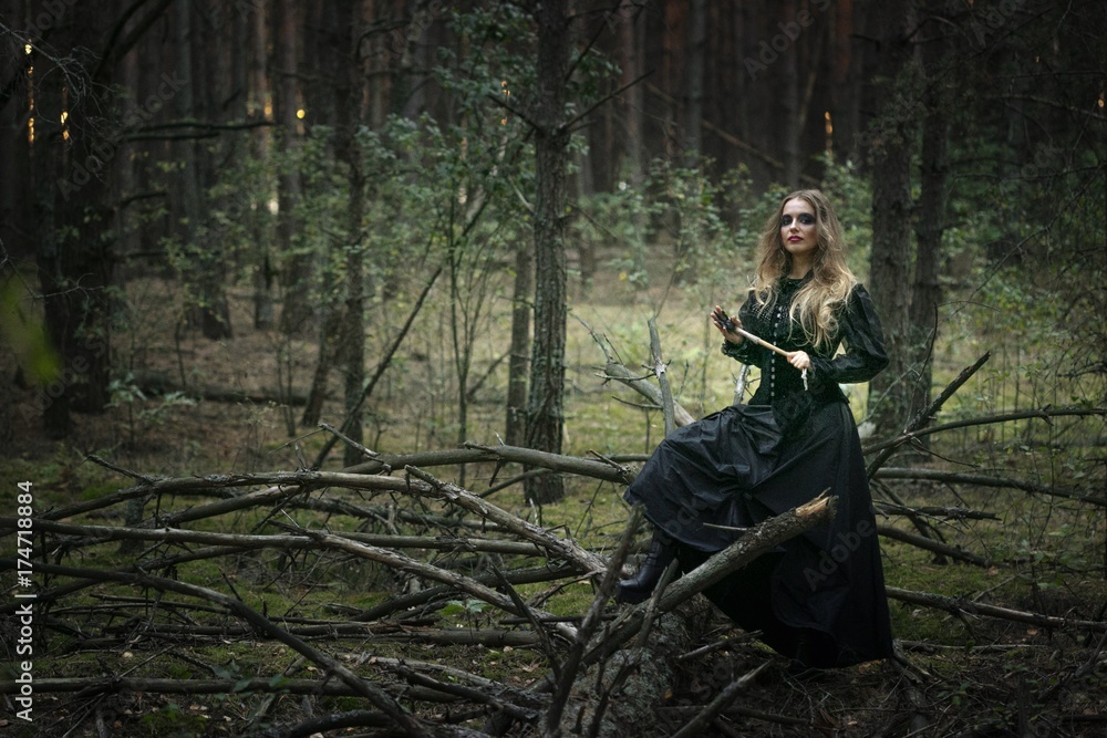 Naklejka premium Halloween. beautiful girl in a black dress in the forest.