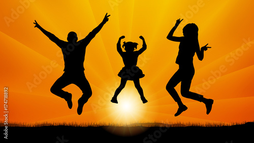Family with baby jumping at sunset, silhouette vector
