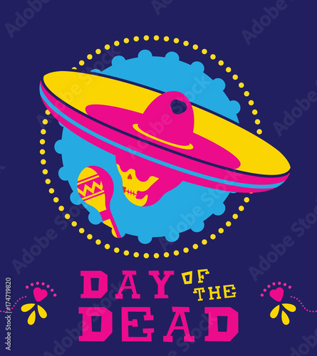 Day of the dead mariachi skull in mexican sombrero
