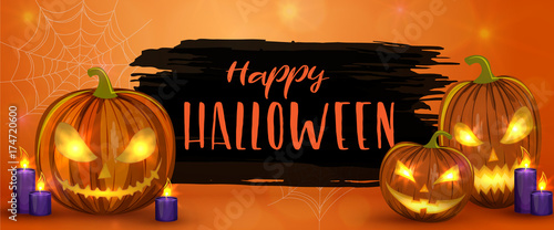 Carved Halloween pumpkins, horizontal banner. Colorful scary Halloween illustration. Vector