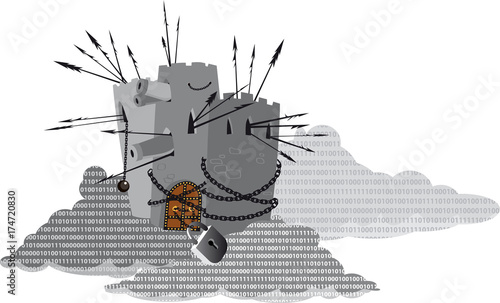 Heavily armed fortress protecting a digital cloud filled with computer code, EPS 8 vector illustration