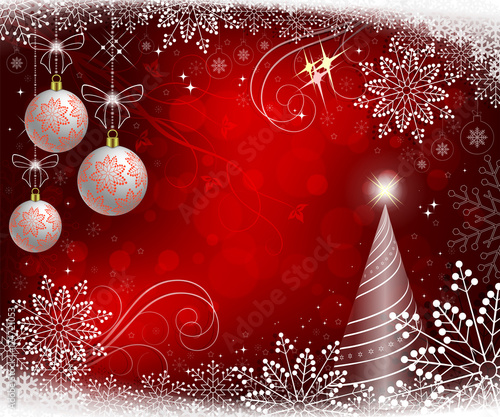 red christmas design with white balls and christmas tree