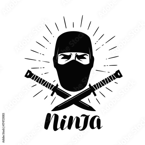 Ninja logo or label. Saboteur, warrior, fighter symbol. Lettering vector illustration