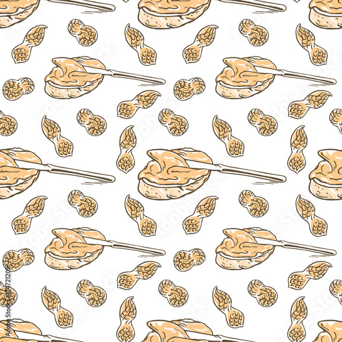 Small ripe raw tasty Peanut pods on beige backdrop. Freehand outline ink hand drawn picture sketchy in art vintage scribble style pen on paper. Closeup view. Seamless pattern peanut pod for packaging.
