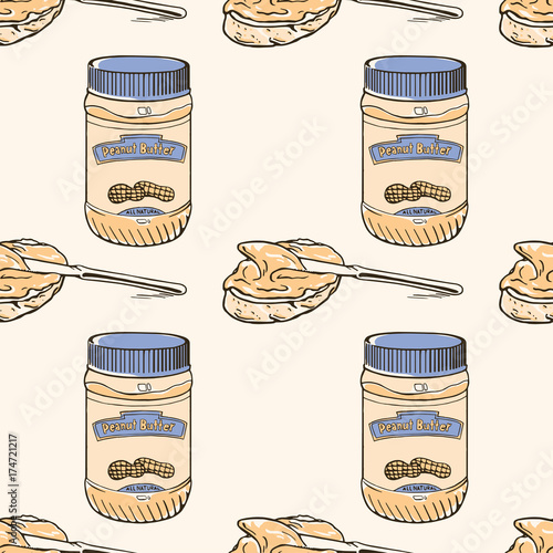 Peanuts seamless pattern with cute butter jar and sandwich. Freehand ink hand drawn picture sketchy in art vintage scribble style pen on paper. Closeup view. Seamless pattern peanut pod for packaging.