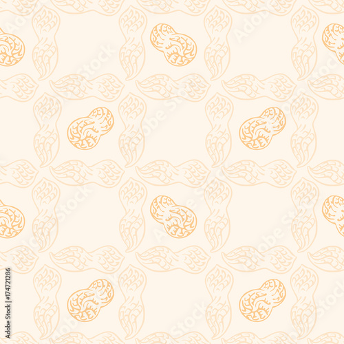 Small ripe raw tasty Peanut pods on beige backdrop. Freehand outline ink hand drawn picture sketchy in art vintage scribble style pen on paper. Closeup view. Seamless pattern peanut pod for packaging.