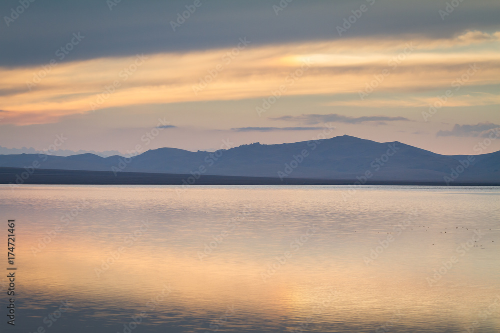 Sunset on Song Kul Lake in Kyrgyzstan