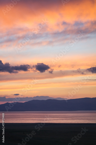 Sunset on Song Kul Lake in Kyrgyzstan