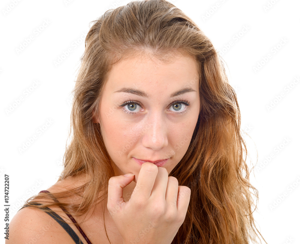 Young beautiful woman thinking, on white Young beautiful woman thinking, on white