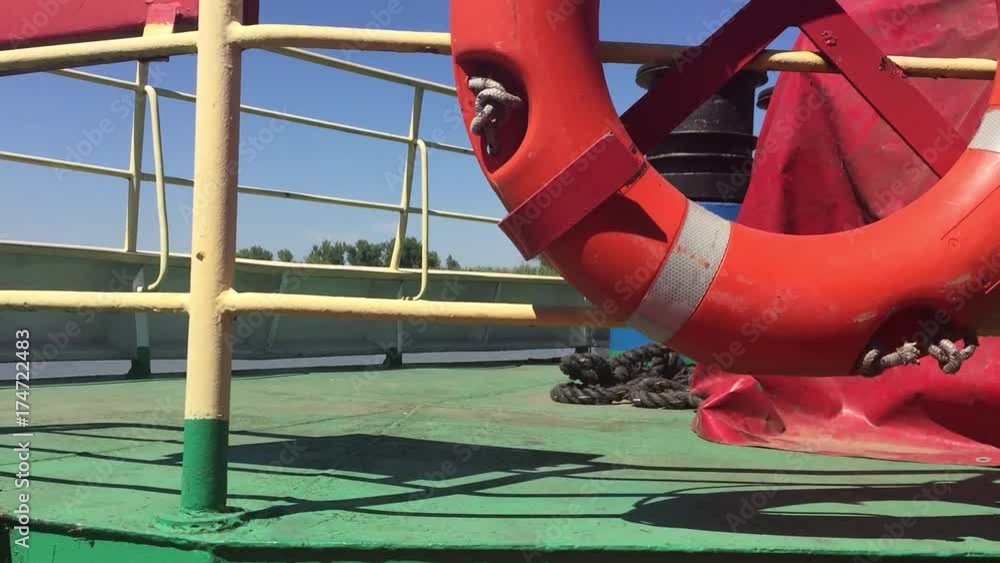 ship deck lifeline and handrail view from the first person on the ship ...
