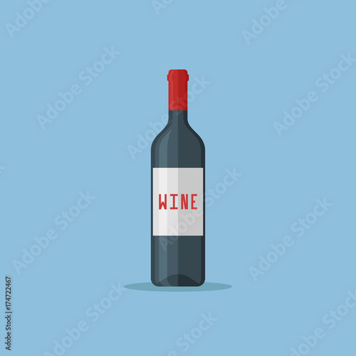 Bottle of red wine isolated on blue background. Flat style icon. Vector illustration.