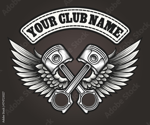 Biker club emblem with winged pistons