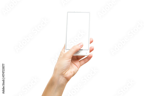 Mockup of female hand holding frameless cell phone with blank screen isolated at white background.