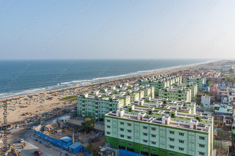 View of buildings or apartments from lighthouse. Marina Beach, Chennai. Its longest natural urban beach in India and one of the world's longest beach ranking.