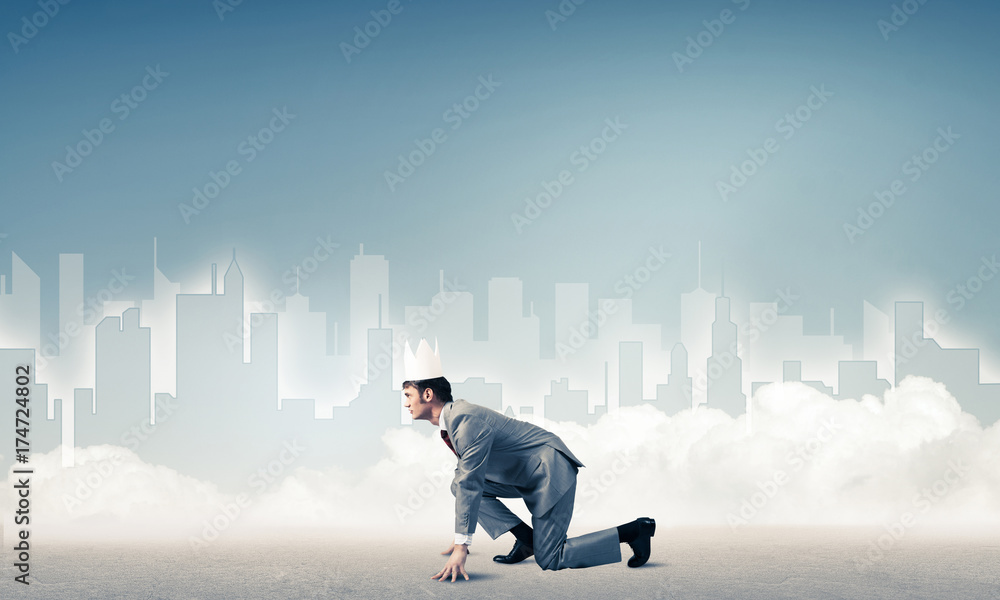 King businessman in elegant suit running and blue cityscape silh