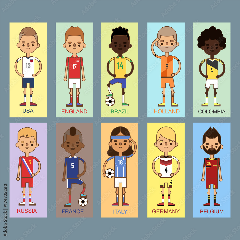 National Euro Cup soccer football teams vector illustration and world game player captain leader in uniform sport men isolated characters. National Euro Cup soccer football teams vector illustration and world game player captain leader in uniform sport men isolated characters.