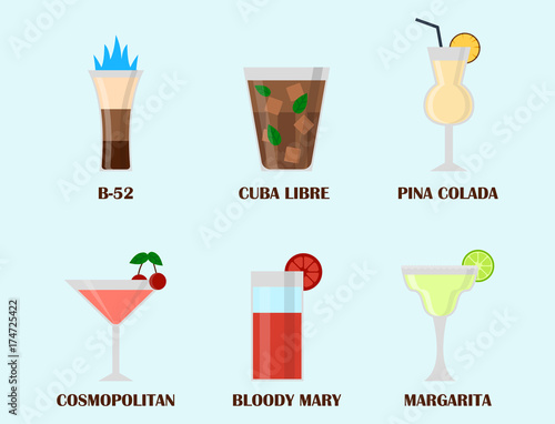 Alcohol drinks beverages cocktail lager container drunk different glasses vector illustration.